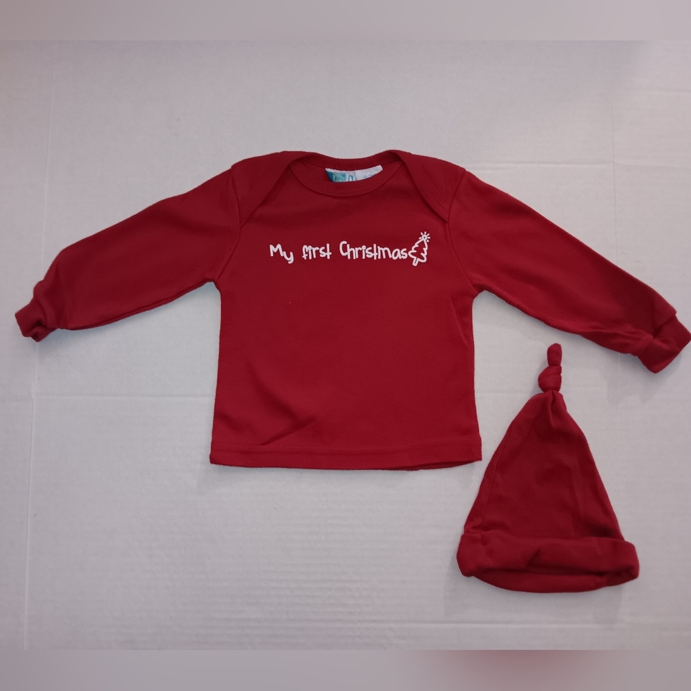 My First Christmas  Red Long Sleeve Shirt and Hat Cap  Set